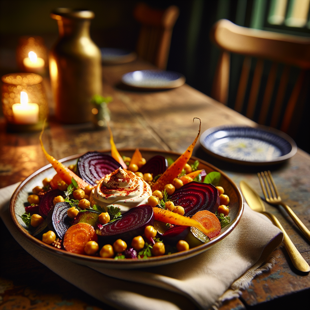 Roasted beetroots and carrots with labneh and spicy garbanzos