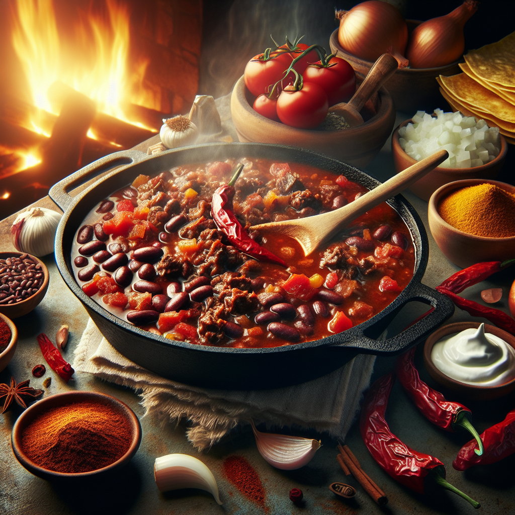 Sizzling chili con carne in cast-iron skillet