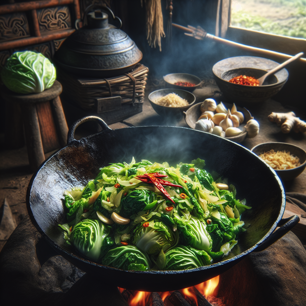 Repollo salteado con ingredientes en un wok en fogón