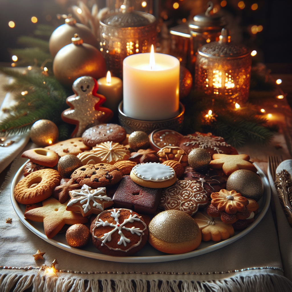 Galletas Navideñas sobre un plato blanco, rodeado de decoraciones festivas