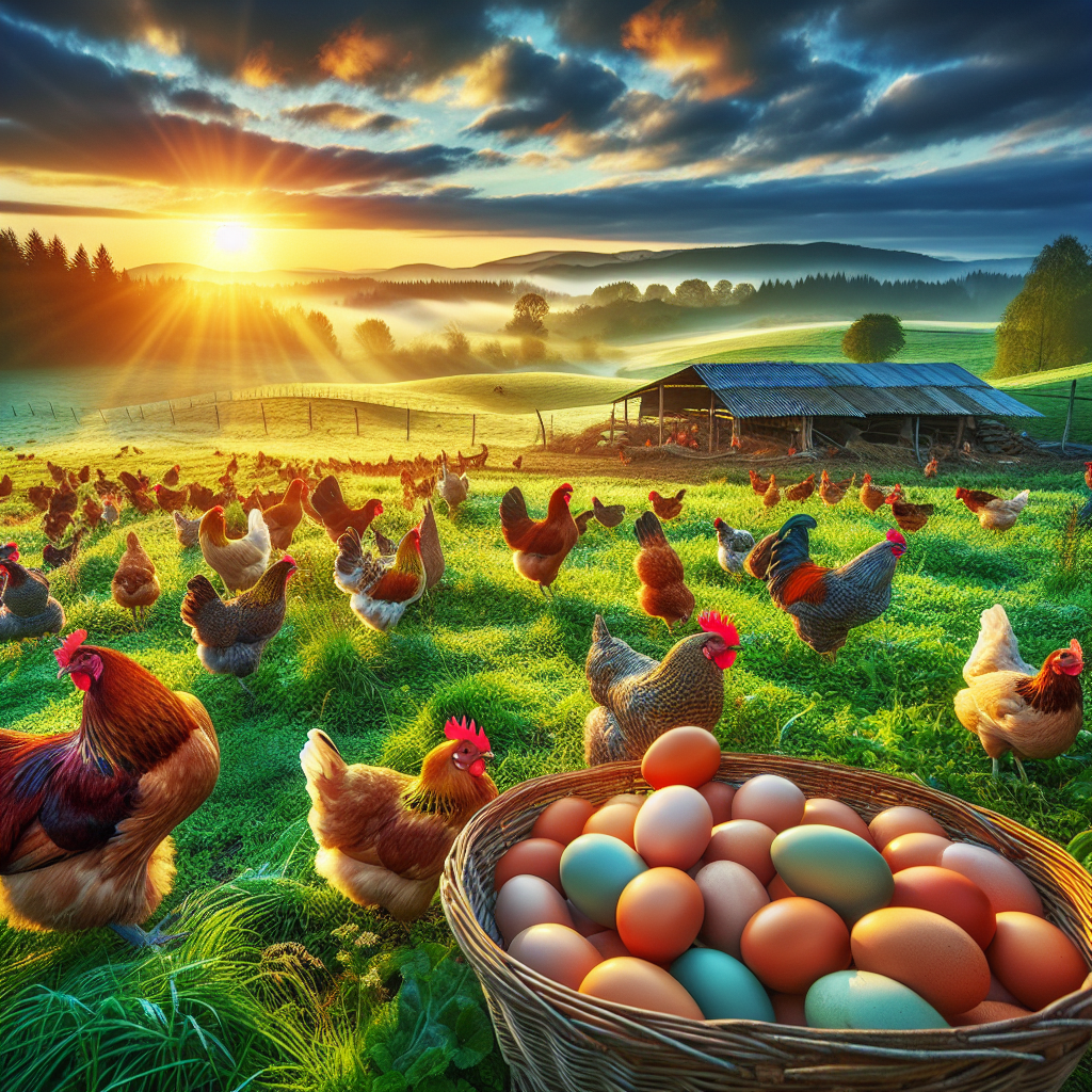 Gallinas en campo abierto en granja al amanecer con canasta de huevos