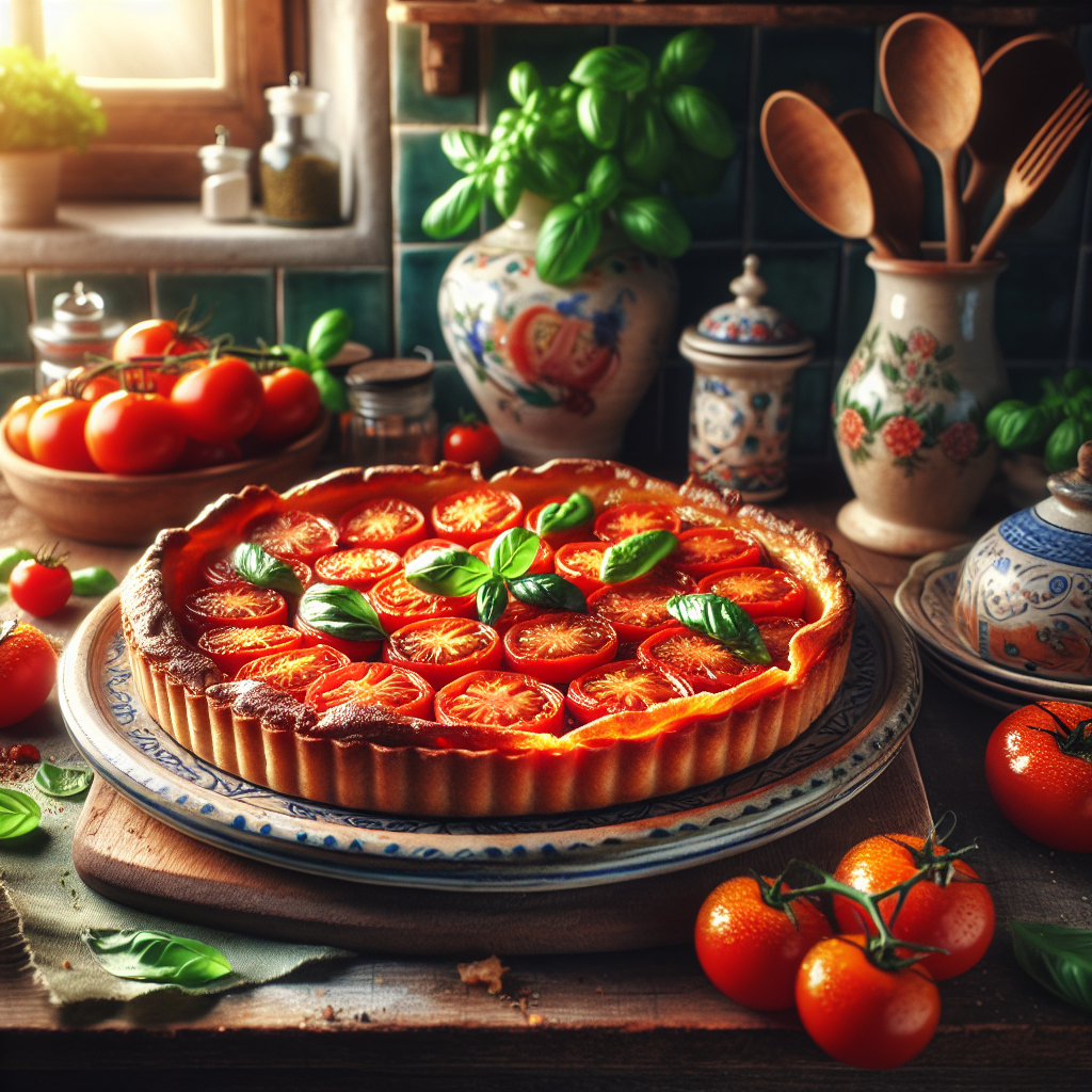 Tarta Tatin de Tomate recién salida del horno en una bandeja de cerámica italiana