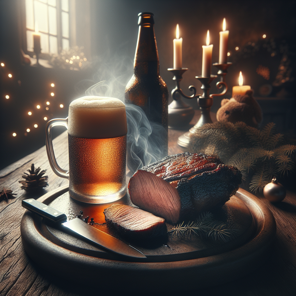 Seared pork tenderloin with beer on Christmas-themed dining table
